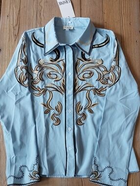 Ursime Light Blue Embroidered Western-Style Blouse